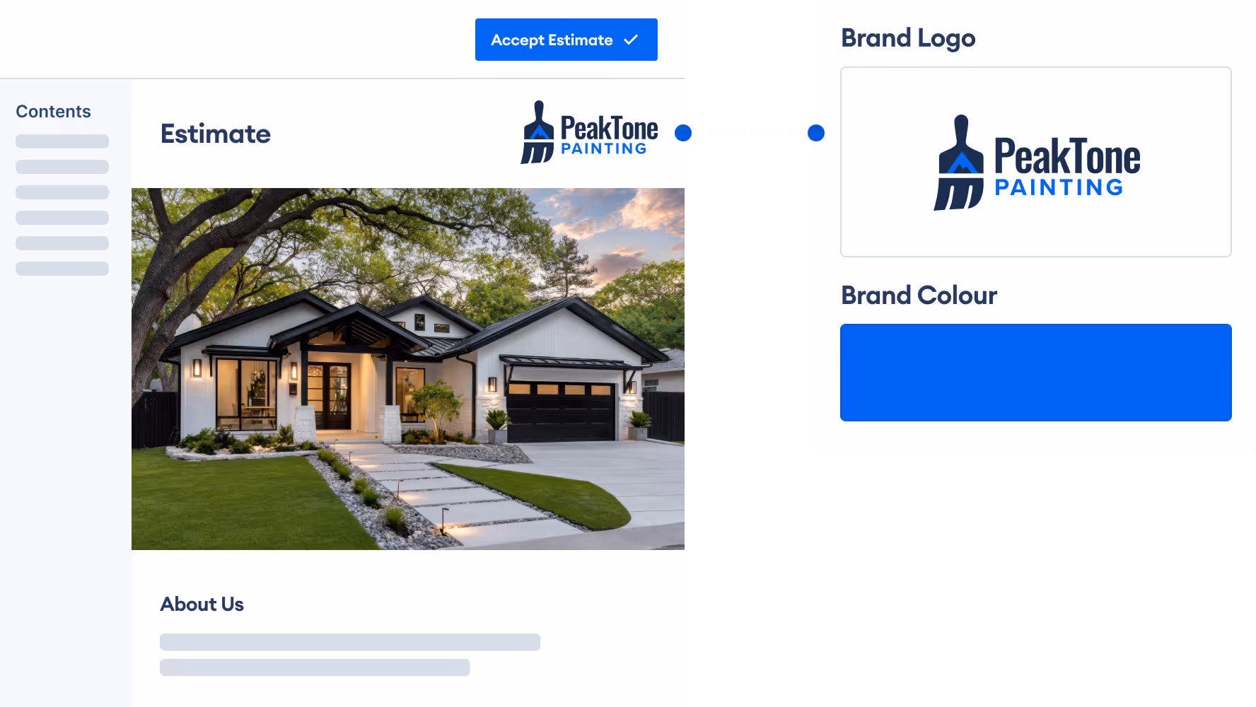 PaintScout proposal branding settings showing custom logo and brand color applied to a professional painting estimate