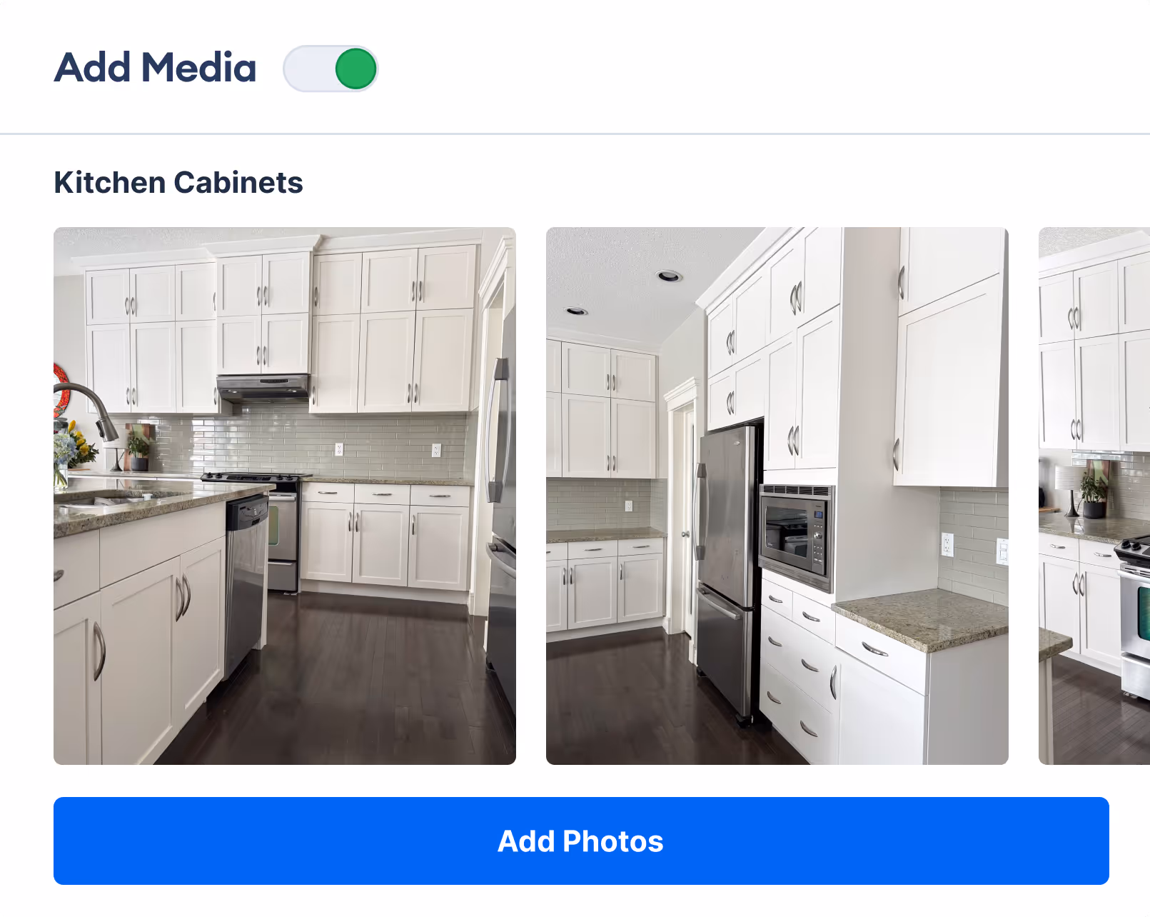 PaintScout proposal media gallery showing cabinet painting project photos that can be added to professional estimates