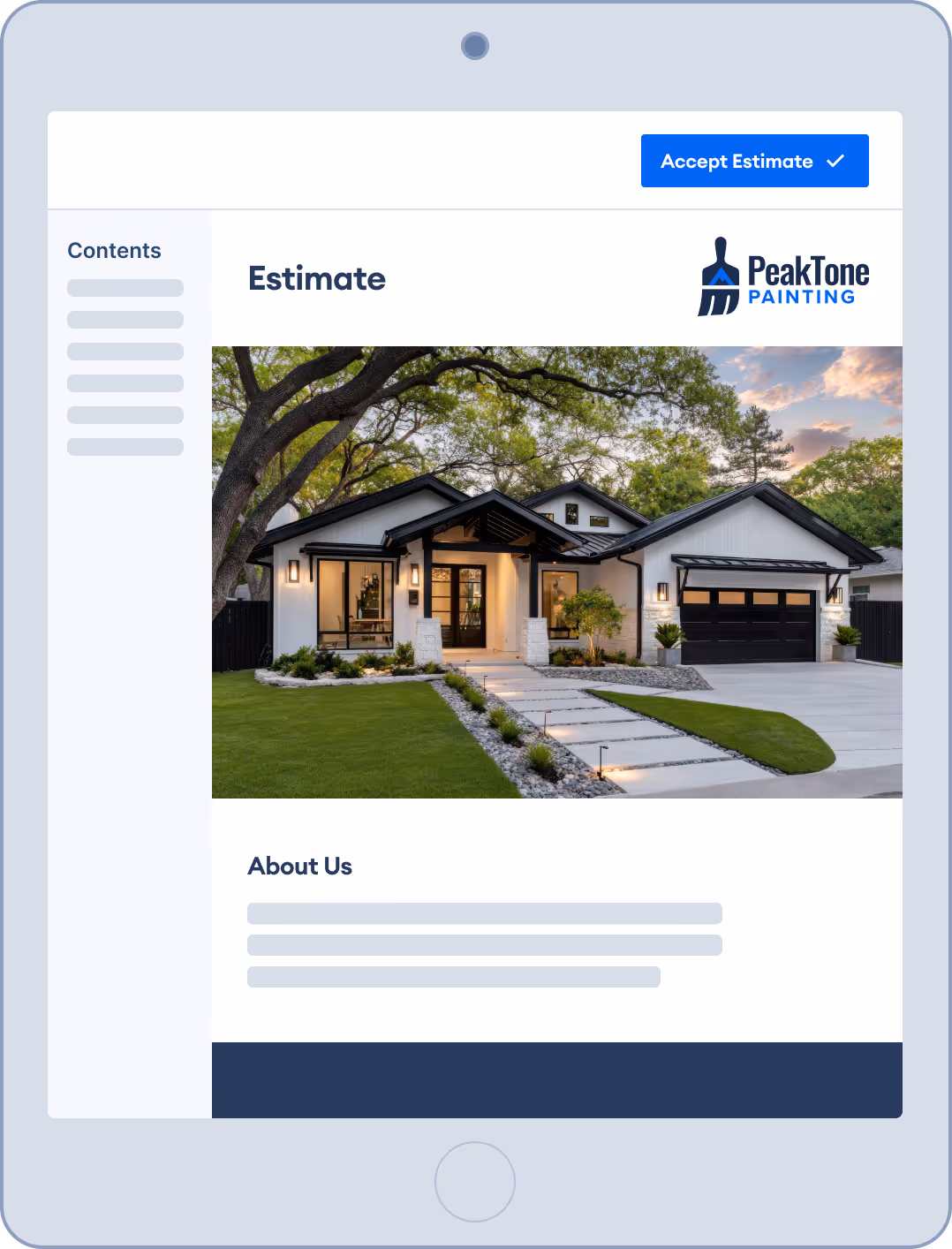 Branded exterior painting estimate displayed on tablet with Accept Estimate button for e-signature, featuring a residential home photo