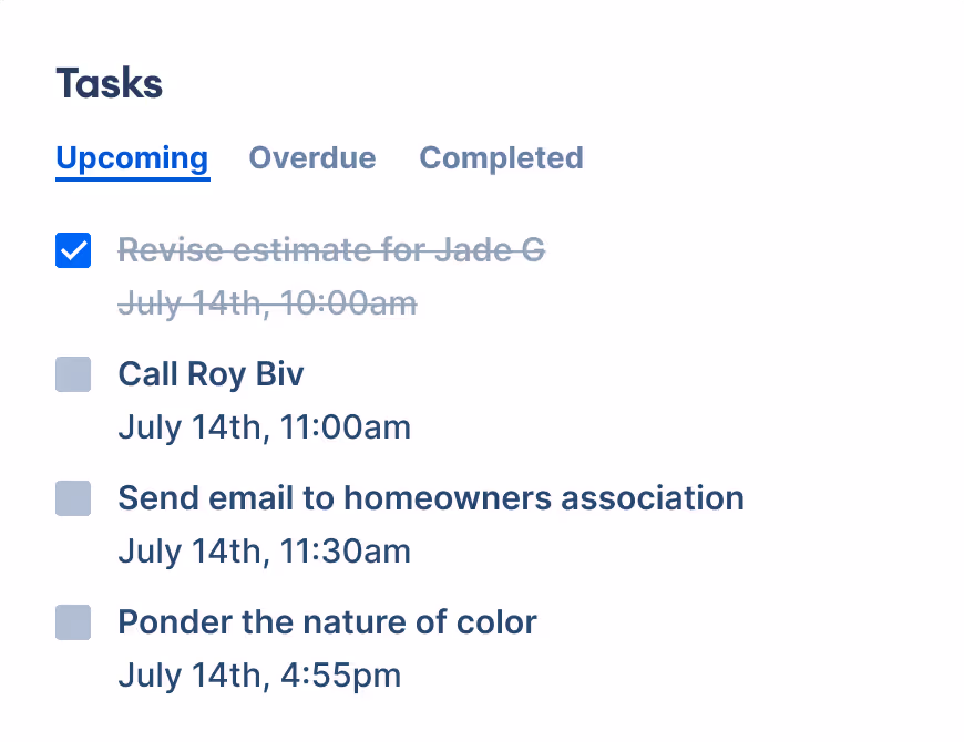 PaintScout CRM task list showing upcoming follow-ups for a painting sales team, including estimate revisions and client calls