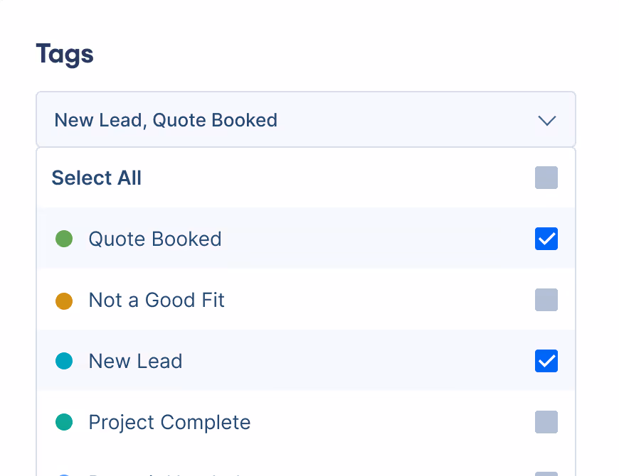 PaintScout CRM tag filter dropdown for organizing painting leads by status, including Quote Booked, New Lead, and Project Complete