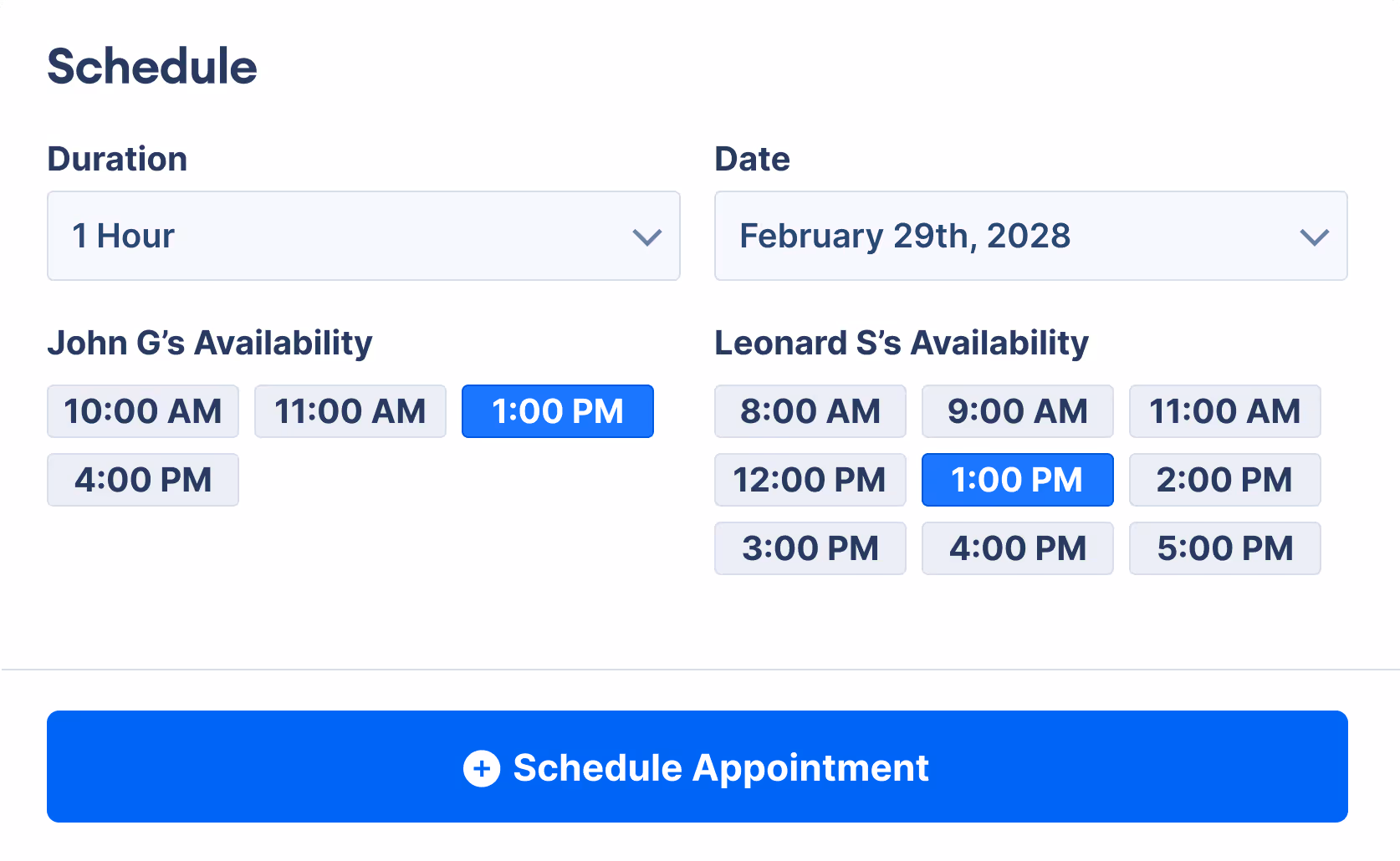 PaintScout CRM scheduling interface showing team availability for on-site estimates, with time slots for two estimators and a Schedule Appointment button