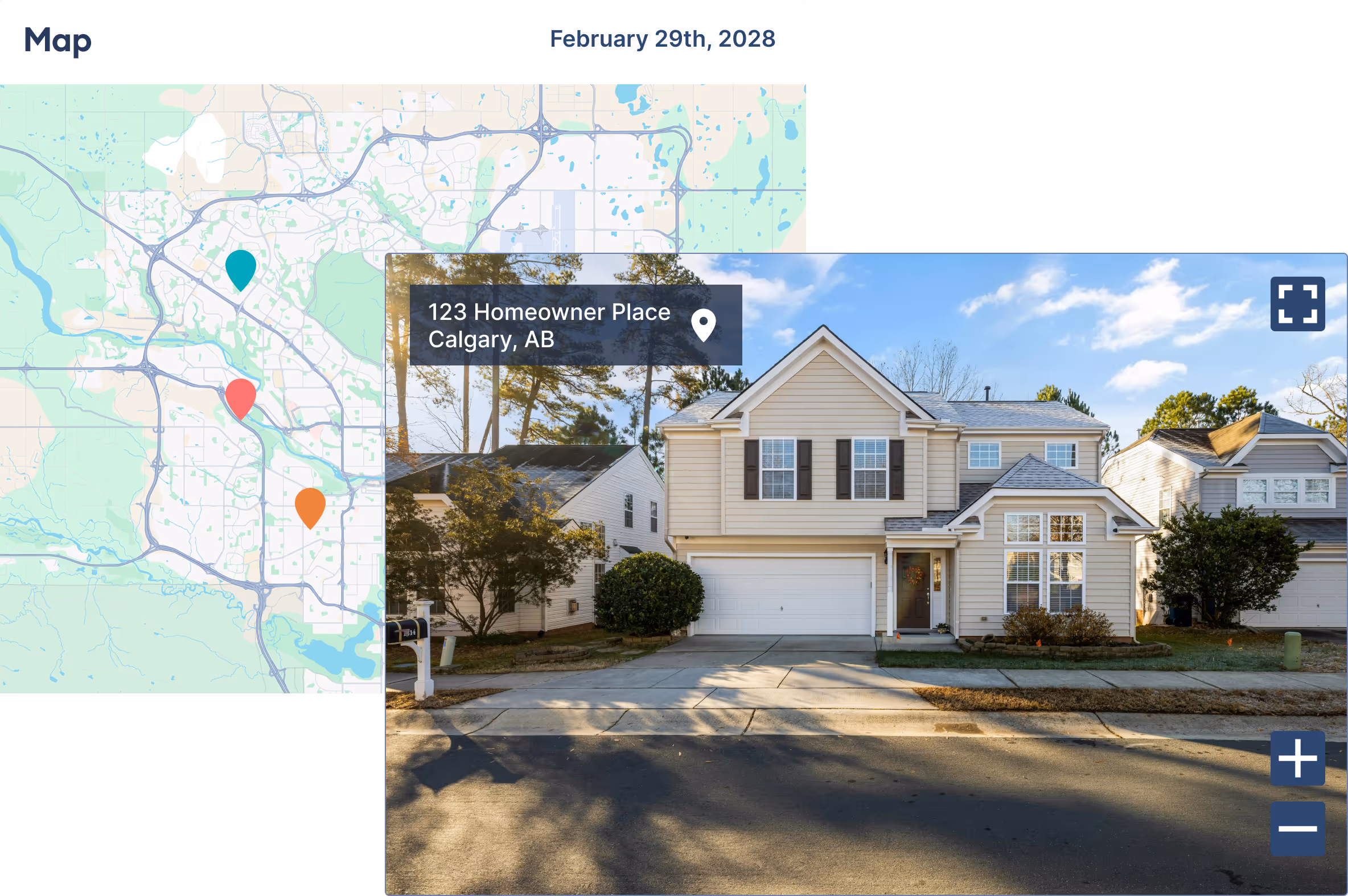 PaintScout CRM map view showing scheduled painting estimate locations with property photo preview